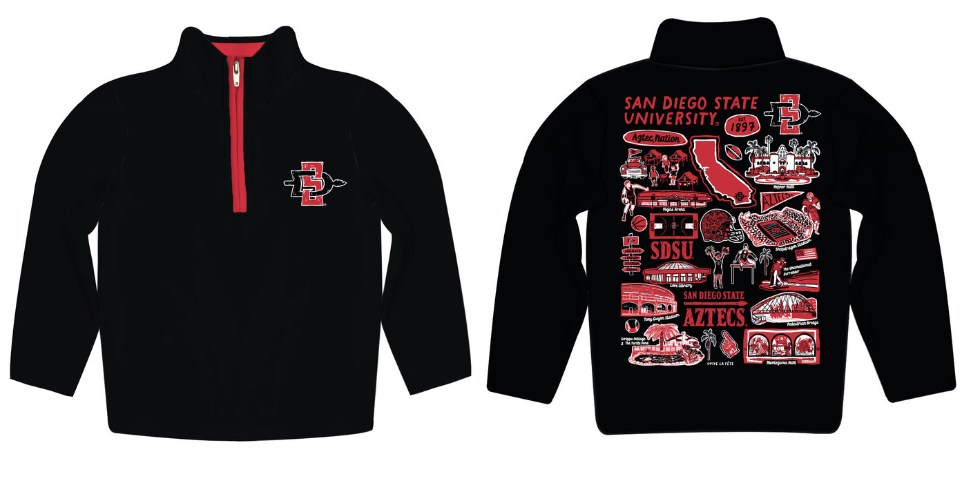 San Diego State University Aztecs SDSU Hand Sketched Vive La Fete Impressions Artwork Black Boys Quarter Zip Pullover V1