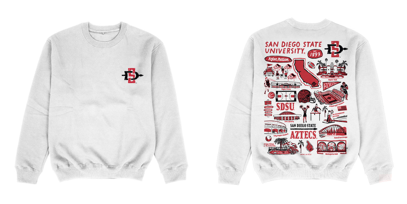 San Diego State University Aztecs SDSU Hand Sketched Impressions Artwork White Crewneck Sweatshirt for Women