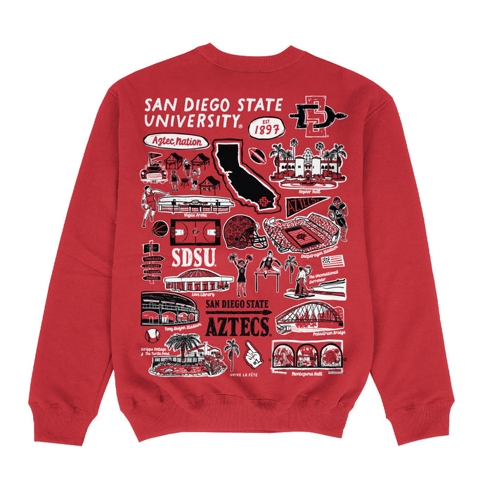 San Diego State University Aztecs SDSU Hand Sketched Impressions Artwork Red Crewneck Sweatshirt for Women