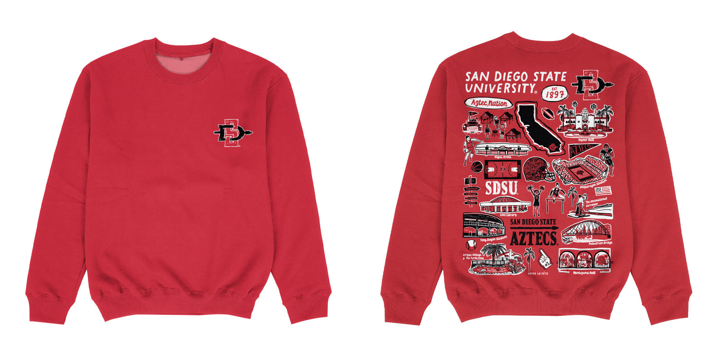 San Diego State University Aztecs SDSU Hand Sketched Impressions Artwork Red Crewneck Sweatshirt for Women