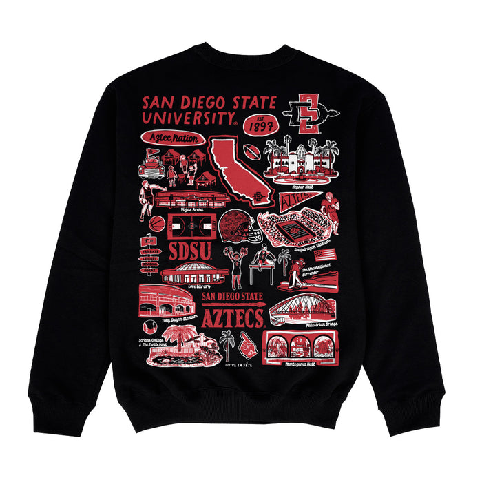 San Diego State University Aztecs SDSU Hand Sketched Impressions Artwork Black Crewneck Sweatshirt for Women