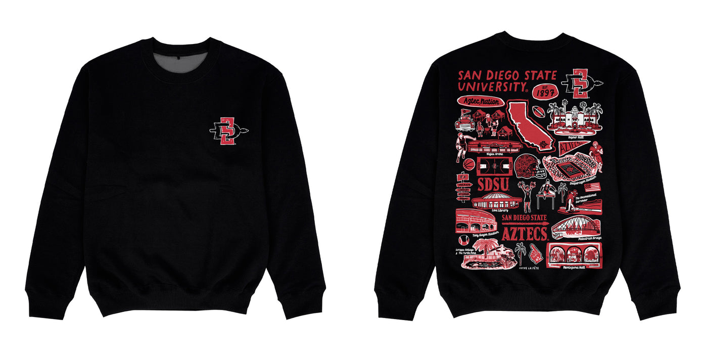 San Diego State University Aztecs SDSU Hand Sketched Impressions Artwork Black Crewneck Sweatshirt for Women