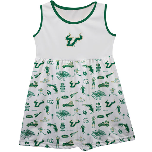 South Florida Bulls USF Sleeveless Tank Dress Girls White Repeat Print Hand Sketched Vive La Fete Impressions