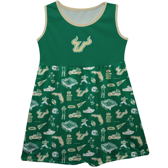 South Florida Bulls USF Sleeveless Tank Dress Girls Green Repeat Print Hand Sketched Vive La Fete Impressions