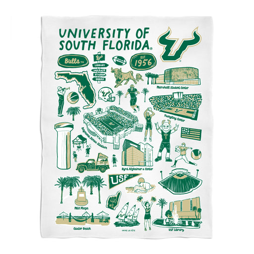 South Florida Bulls USF White Hand Sketched Vive La Fete Impressions Artwork Plush Soft Minky Blanket 36 x 48