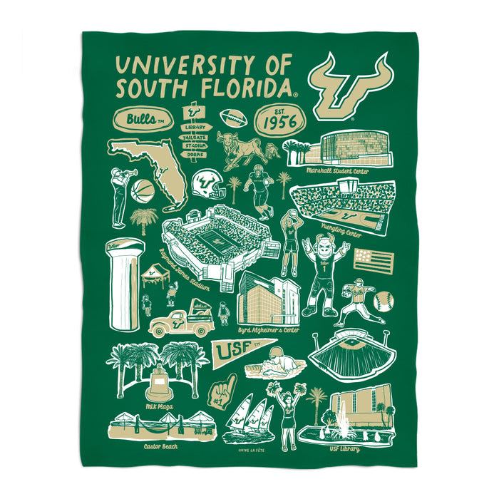 South Florida Bulls USF Green Hand Sketched Vive La Fete Impressions Artwork Plush Soft Minky Blanket 36 x 48