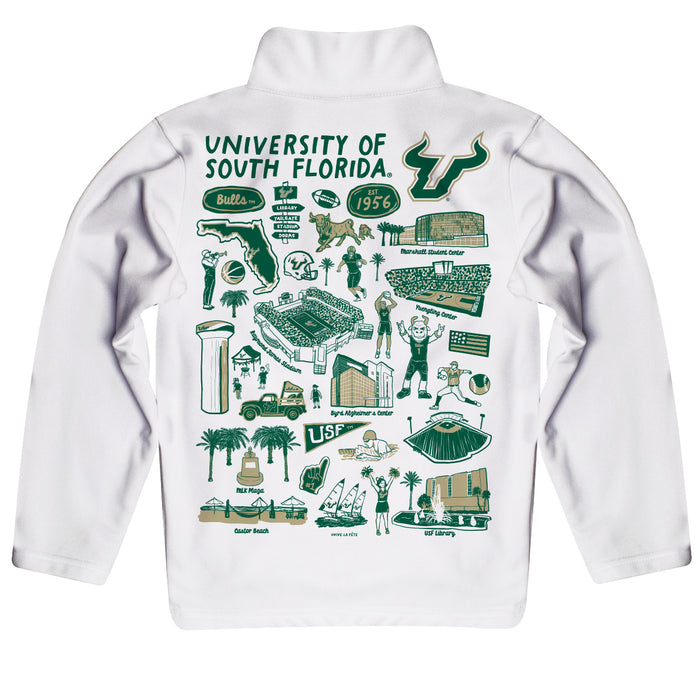 South Florida Bulls USF Hand Sketched Vive La Fete Impressions Artwork White Boys Quarter Zip Pullover V1