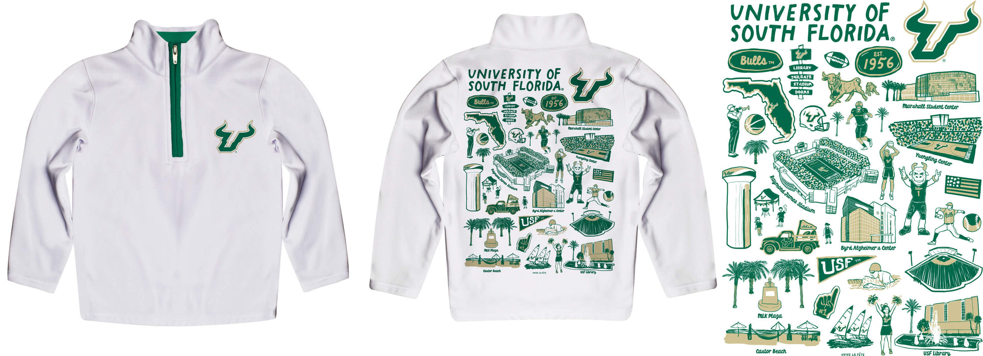 South Florida Bulls USF Hand Sketched Vive La Fete Impressions Artwork White Boys Quarter Zip Pullover V1