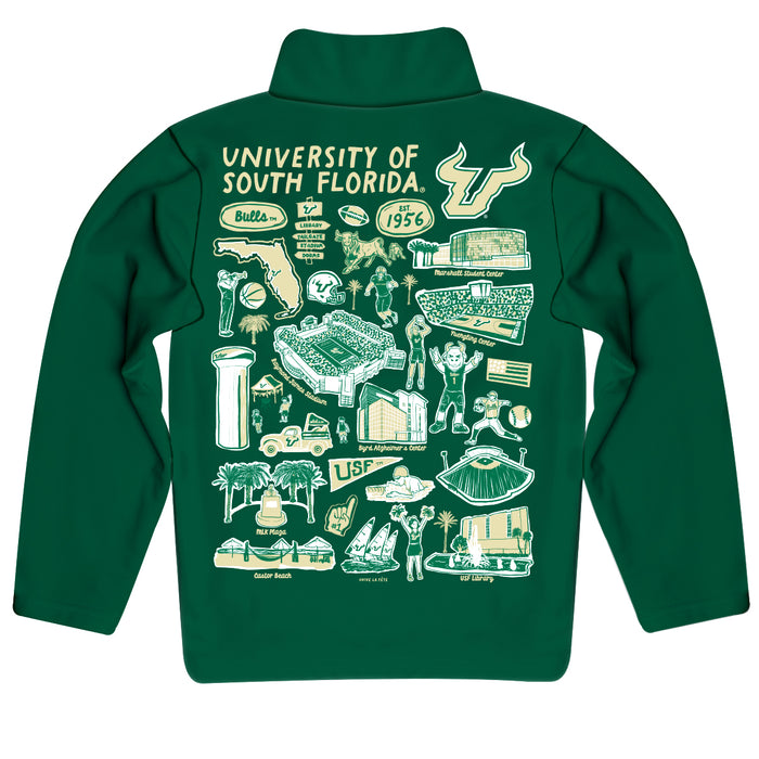 South Florida Bulls USF Hand Sketched Vive La Fete Impressions Artwork Green Boys Quarter Zip Pullover V1