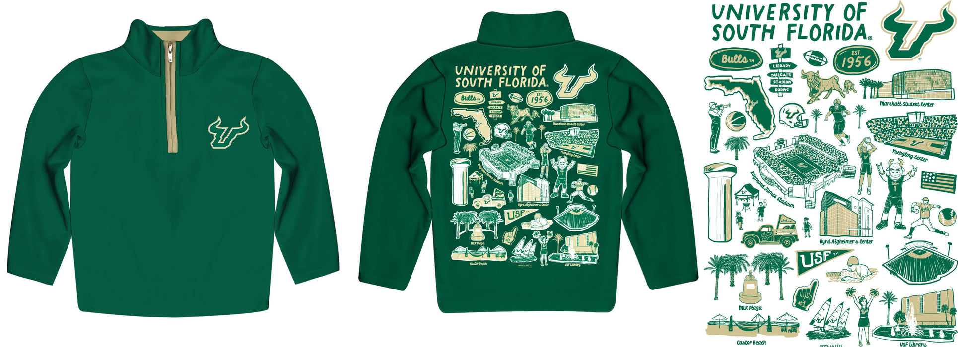 South Florida Bulls USF Hand Sketched Vive La Fete Impressions Artwork Green Boys Quarter Zip Pullover V1