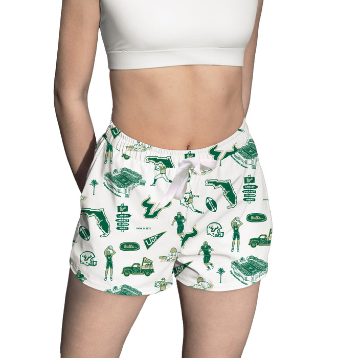 South Florida Bulls USF Repeat Print Hand Sketched Vive La Fete Impressions Artwork Womens White Lounge Shorts