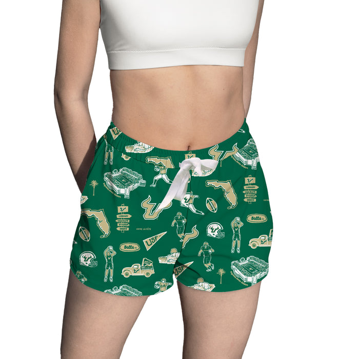 South Florida Bulls USF Repeat Print Hand Sketched Vive La Fete Impressions Artwork Womens Green Lounge Shorts