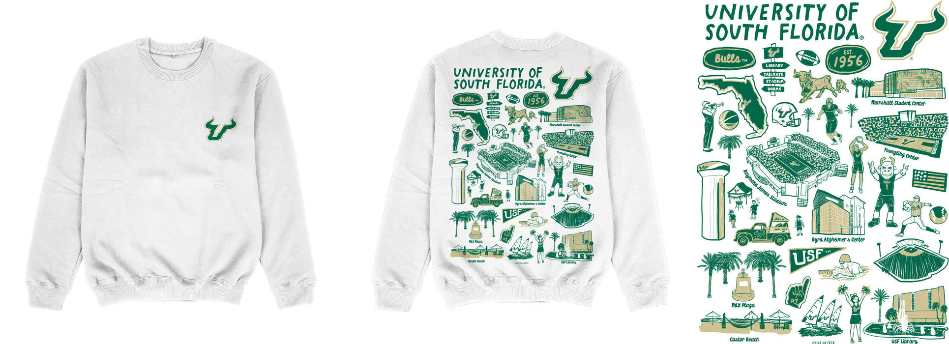 South Florida Bulls USF Hand Sketched Impressions Artwork White Crewneck Sweatshirt for Women