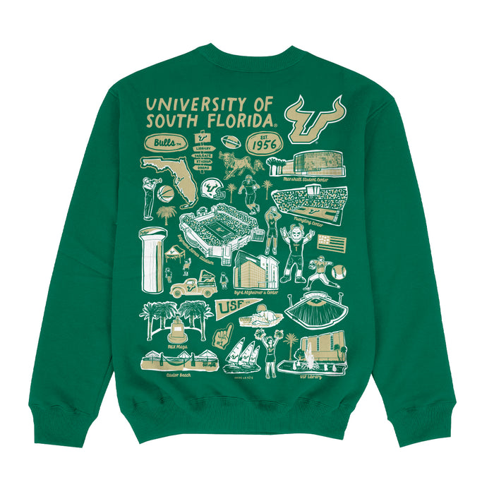 South Florida Bulls USF Hand Sketched Impressions Artwork Green Crewneck Sweatshirt for Women