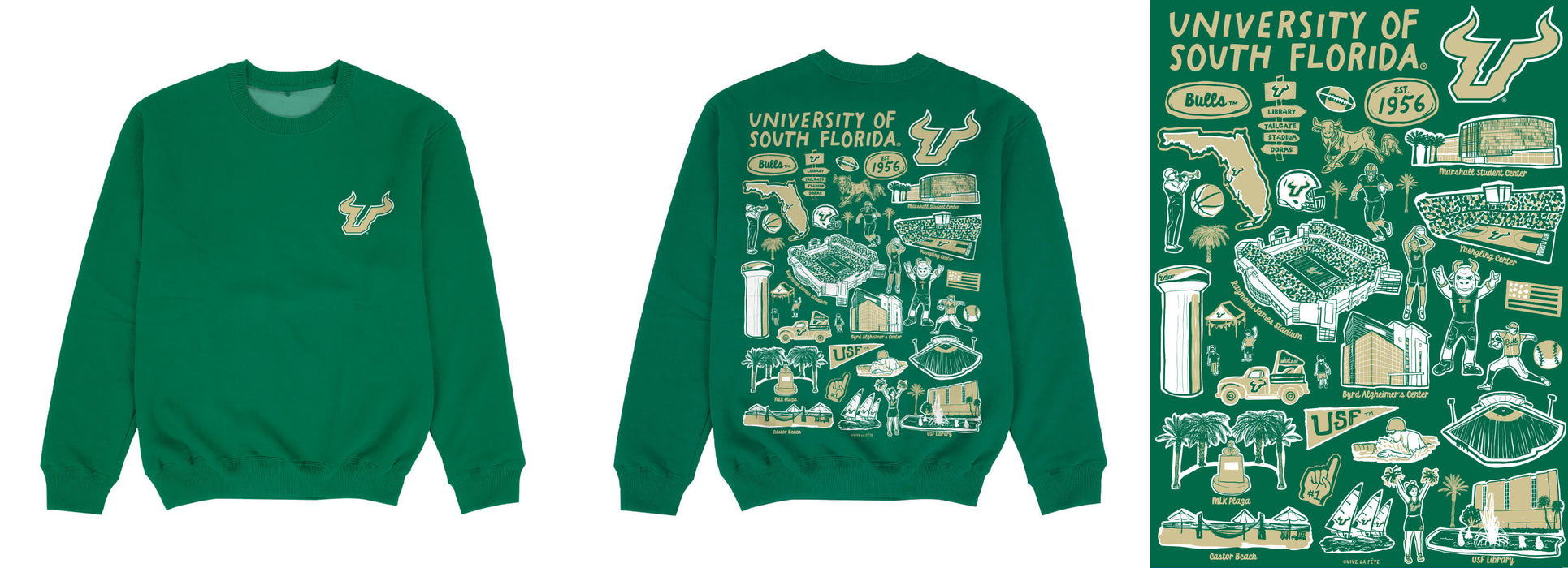 South Florida Bulls USF Hand Sketched Impressions Artwork Green Crewneck Sweatshirt for Women