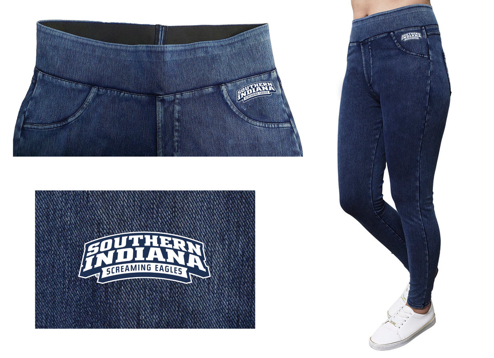 Southern Indiana Screaming Eagles USI Vive La Fete Game Day Collegiate Logo on Fake Pocket Women Blue Jeggings