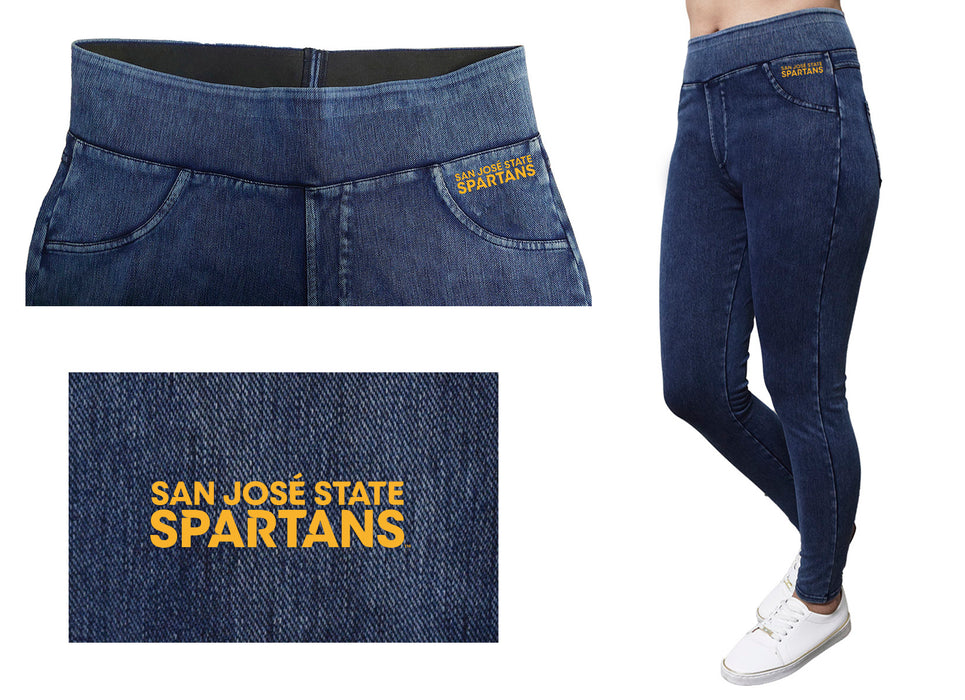 San Jose State University Spartans Vive La Fete Game Day Collegiate Logo on Fake Pocket Women Blue Jeggings