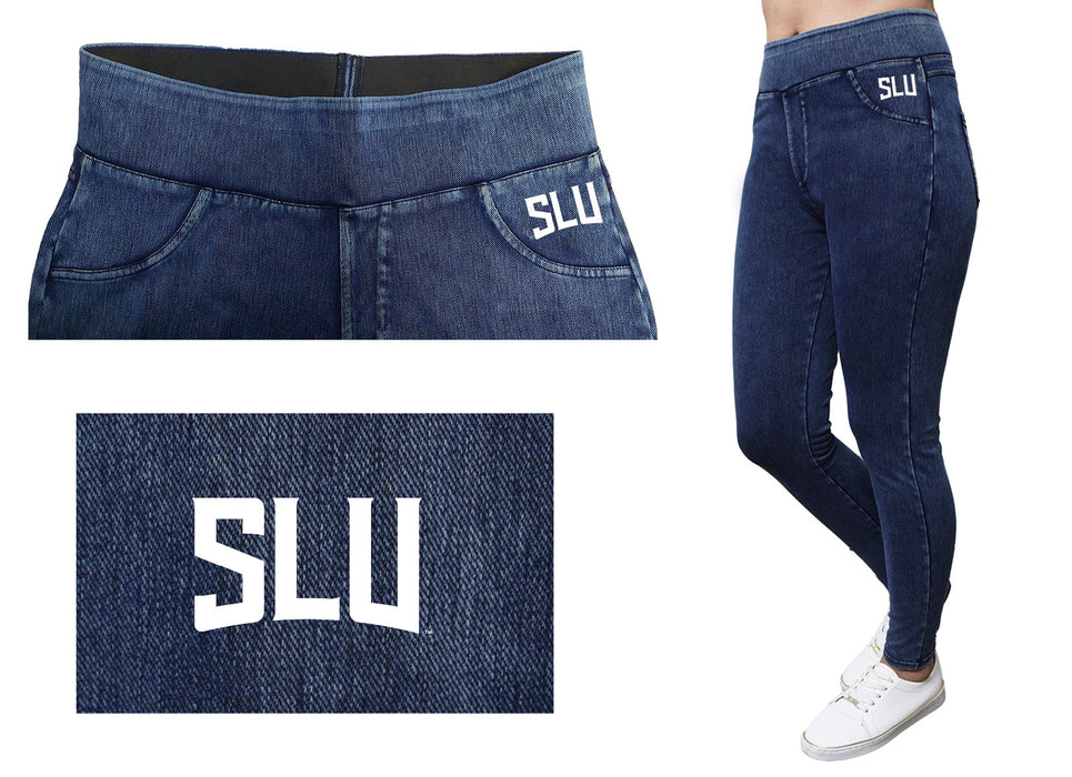 Saint Louis University Billikens SLU Vive La Fete Game Day Collegiate Logo on Fake Pocket Women Blue Jeggings