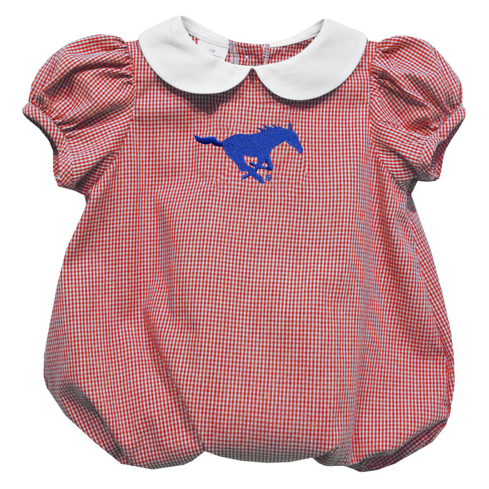 SMU Mustangs Embroidered Red Cardinal Gingham Baby Bubble Short Sleeve