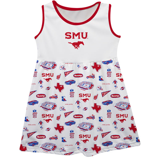 SMU Mustangs Sleeveless Tank Dress Girls White Repeat Print Hand Sketched Vive La Fete Impressions