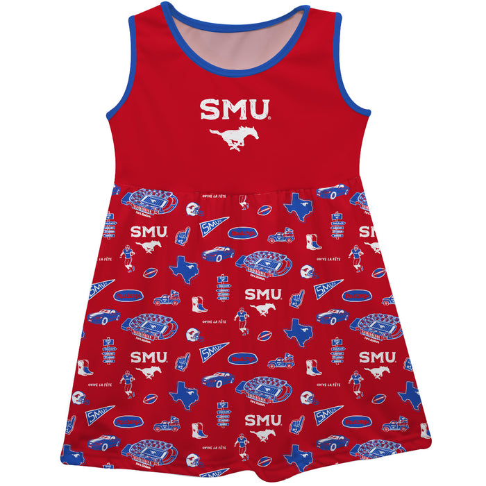 SMU Mustangs Sleeveless Tank Dress Girls Red Repeat Print Hand Sketched Vive La Fete Impressions