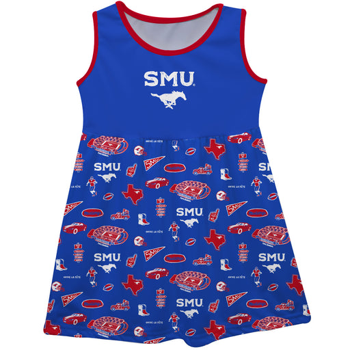 SMU Mustangs Sleeveless Tank Dress Girls Blue Repeat Print Hand Sketched Vive La Fete Impressions