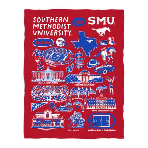 Southern Methodist Mustangs SMU Red Hand Sketched Vive La Fete Impressions Artwork Plush Soft Minky Blanket 36 x 48