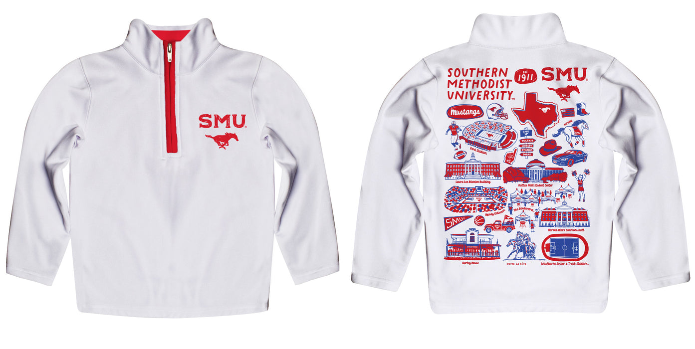 SMU Mustangs Hand Sketched Vive La Fete Impressions Artwork  White Boys Quarter Zip Pullover V1