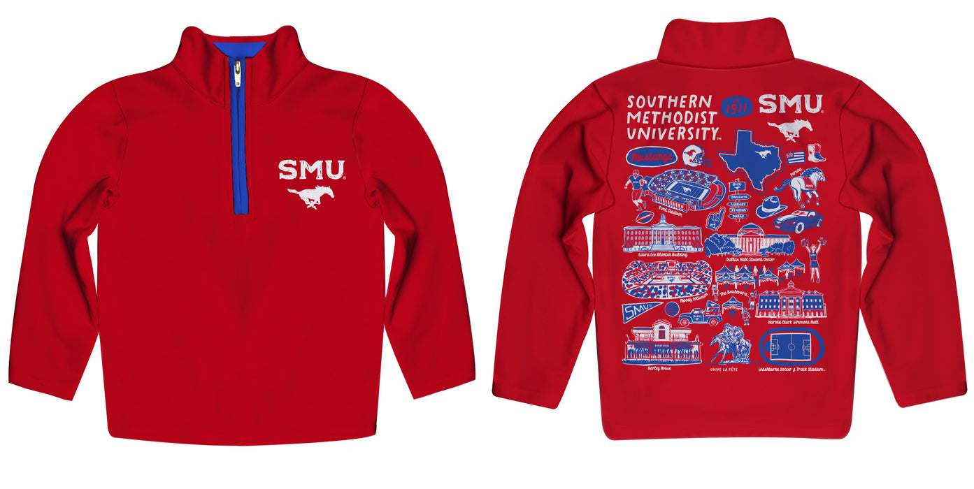 SMU Mustangs Hand Sketched Vive La Fete Impressions Artwork Red Boys Quarter Zip Pullover V1