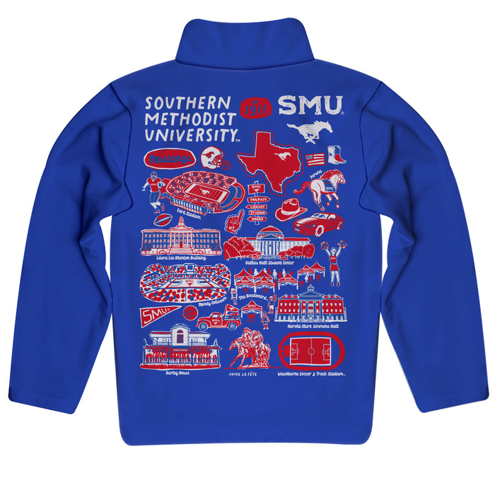 SMU Mustangs Hand Sketched Vive La Fete Impressions Artwork Blue Boys Quarter Zip Pullover V1