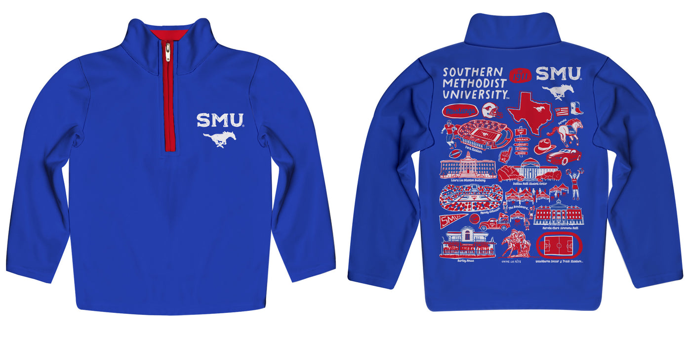 SMU Mustangs Hand Sketched Vive La Fete Impressions Artwork Blue Boys Quarter Zip Pullover V1