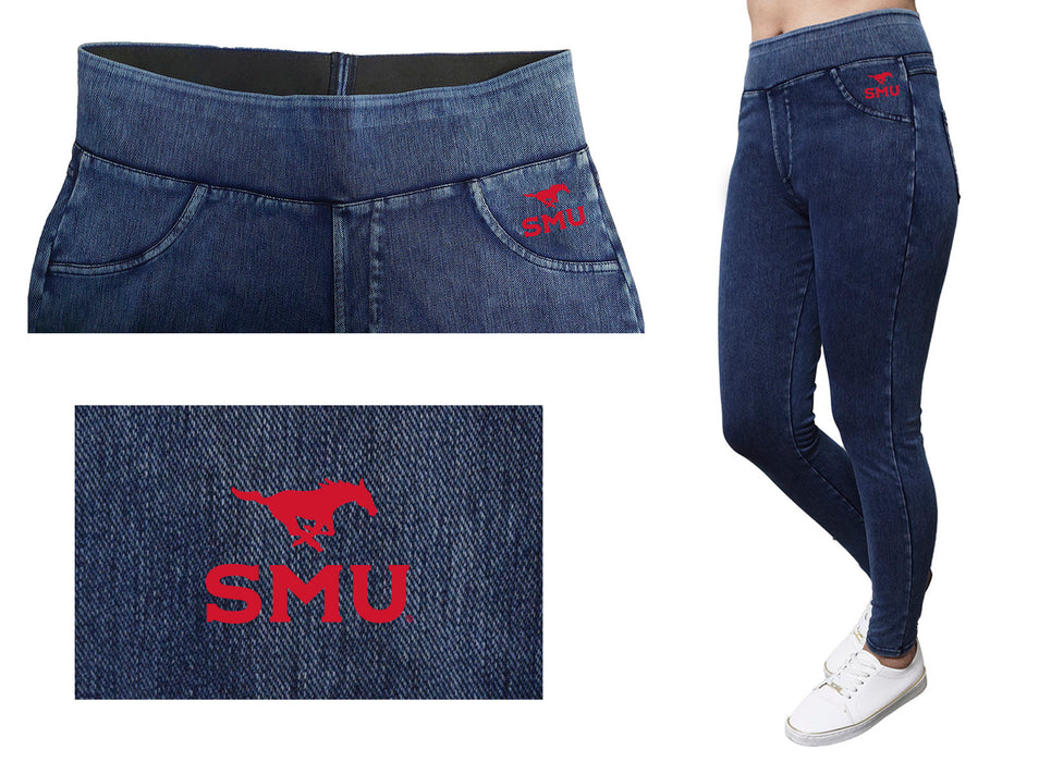 SMU Mustangs Vive La Fete Game Day Collegiate Logo on Fake Pocket Women Red Jeggings