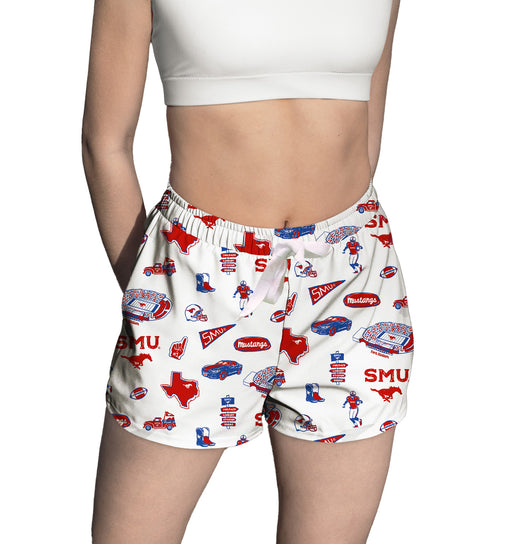 SMU Mustangs Repeat Print Hand Sketched Vive La Fete Impressions Artwork Womens White Lounge Shorts