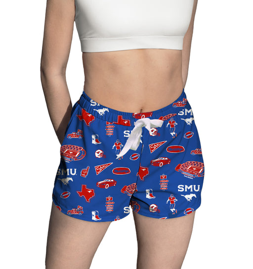 SMU Mustangs Repeat Print Hand Sketched Vive La Fete Impressions Artwork Womens Blue Lounge Shorts