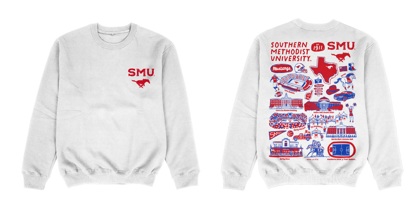 SMU Mustangs Hand Sketched Impressions Artwork White Crewneck Sweatshirt for Women