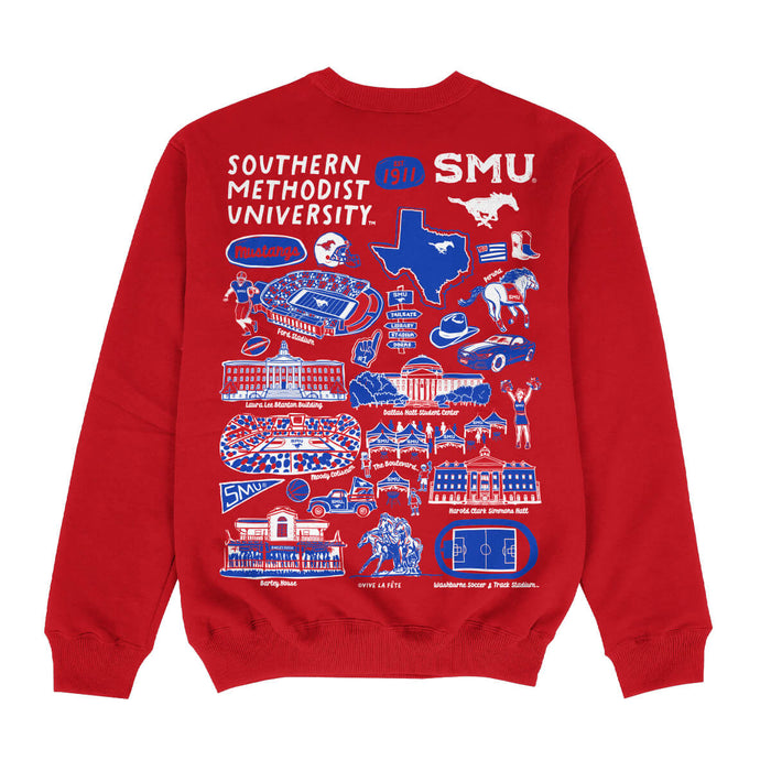 SMU Mustangs Hand Sketched Impressions Artwork Red Crewneck Sweatshirt for Women