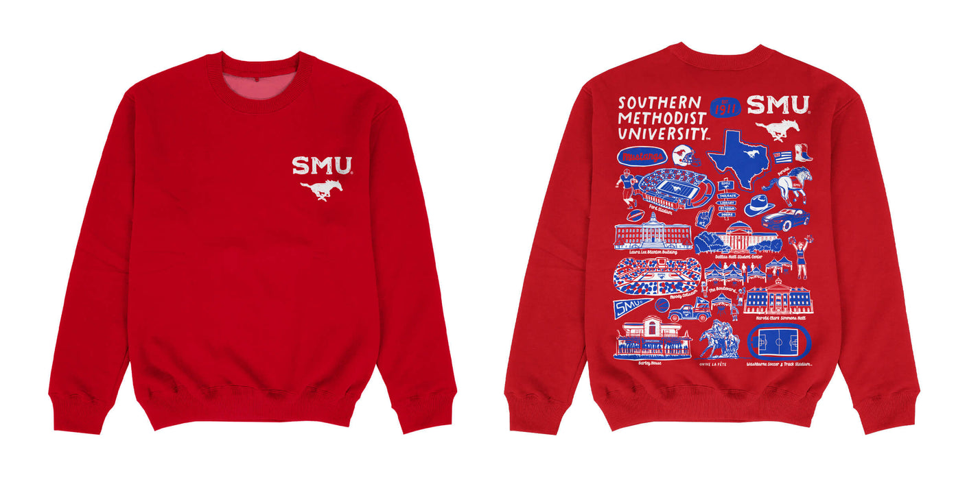 SMU Mustangs Hand Sketched Impressions Artwork Red Crewneck Sweatshirt for Women