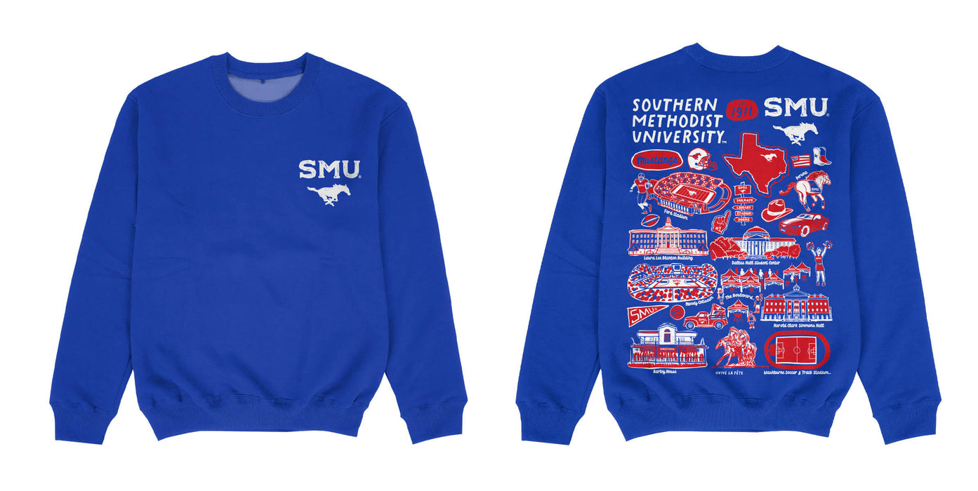 SMU Mustangs Hand Sketched Impressions Artwork Blue Crewneck Sweatshirt for Women