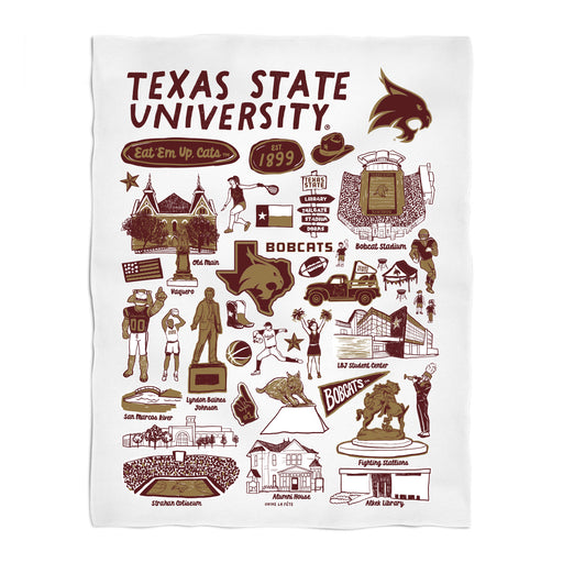 Texas State University Bobcats White Hand Sketched Vive La Fete Impressions Artwork Plush Soft Minky Blanket 36 x 48