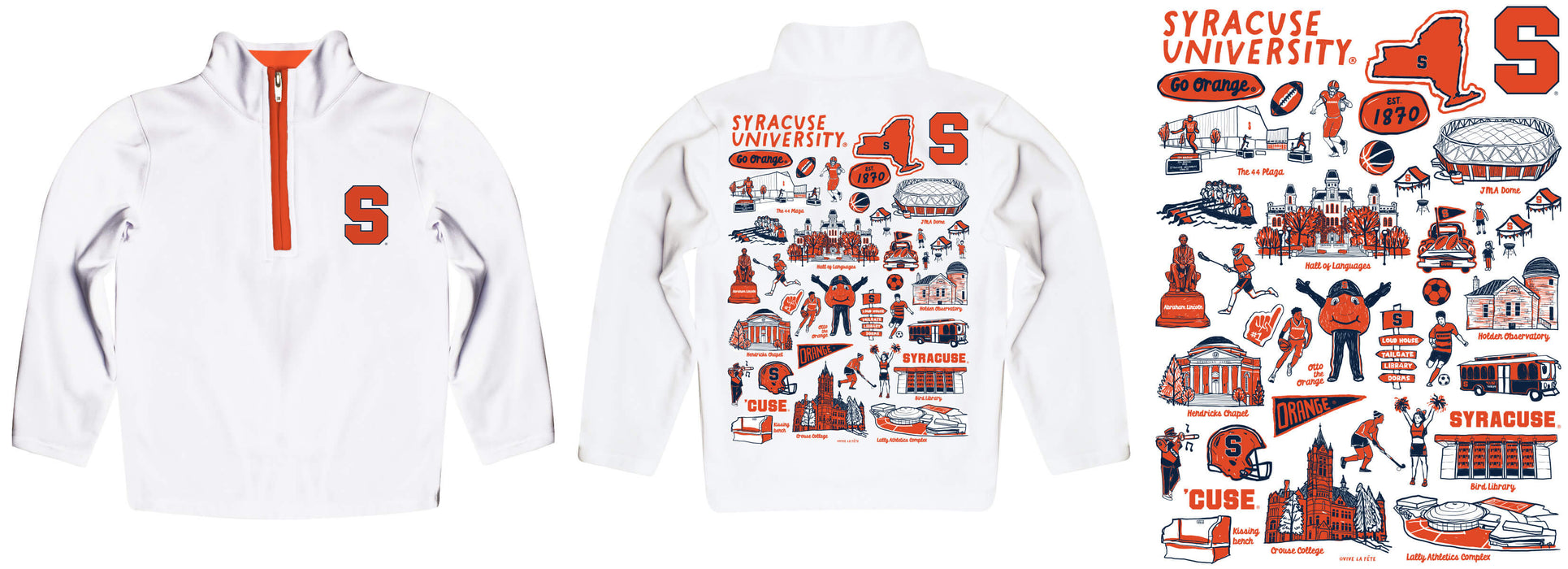 Syracuse Orange Hand Sketched Vive La Fete Impressions Artwork White Boys Quarter Zip Pullover V1