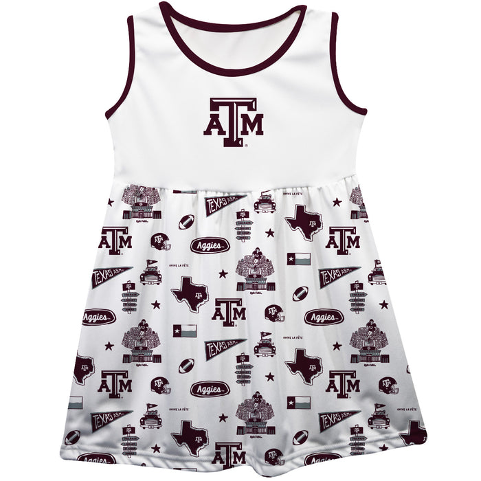 Texas A&M Aggies Sleeveless Tank Dress Girls White Repeat Print Hand Sketched Vive La Fete Impressions