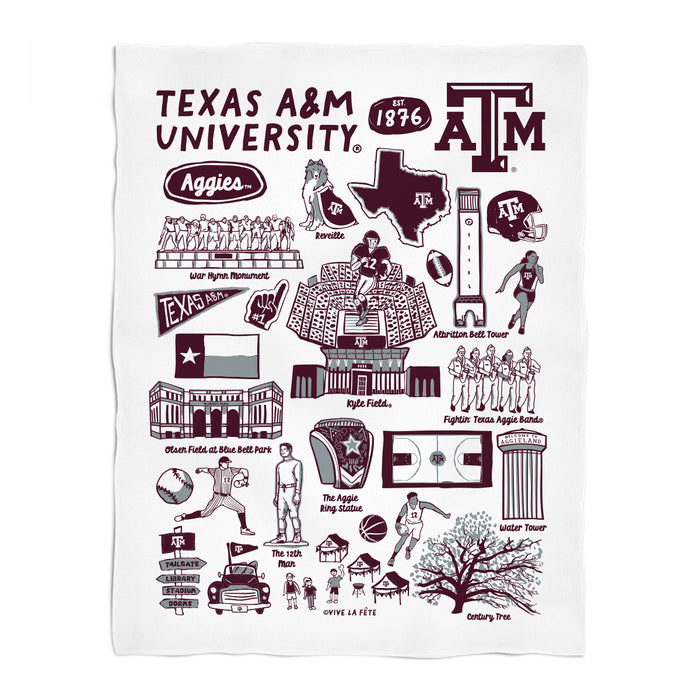 Texas A&M Aggies White Hand Sketched Vive La Fete Impressions Artwork Plush Soft Minky Blanket 36 x 48