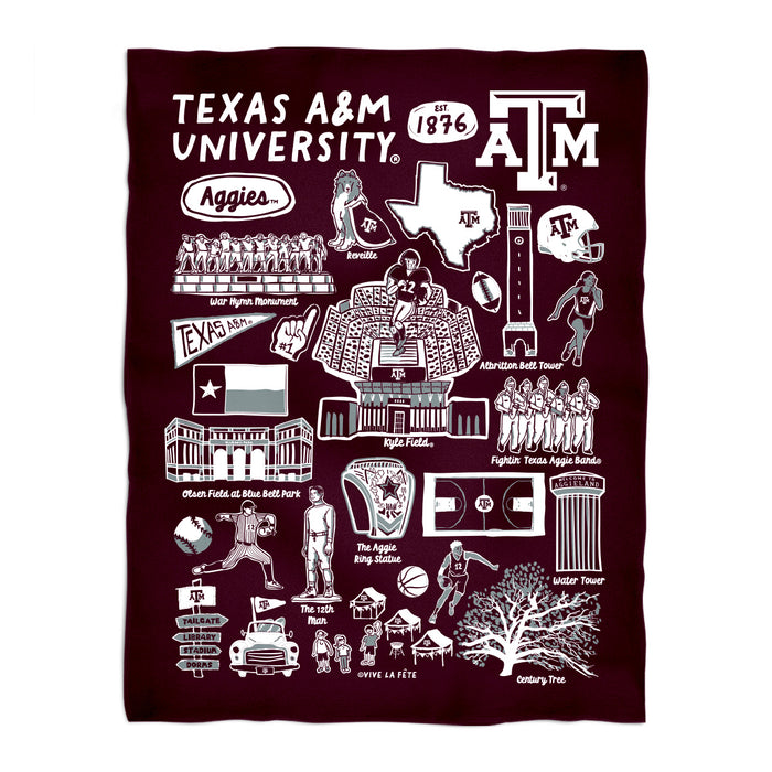 Texas A&M Aggies Maroon Hand Sketched Vive La Fete Impressions Artwork Purple Plush Soft Minky Blanket 36 x 48