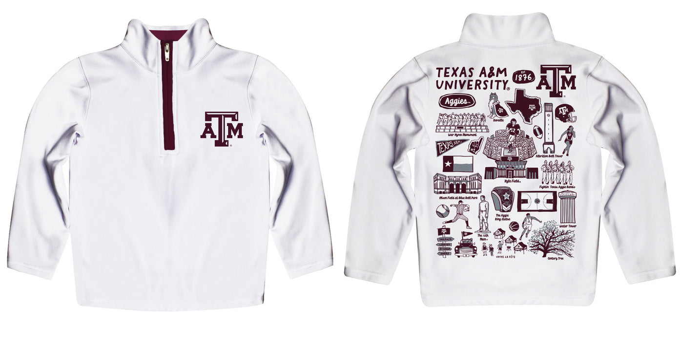 Texas A&M Aggies Hand Sketched Vive La Fete Impressions Artwork  White Boys Quarter Zip Pullover V1