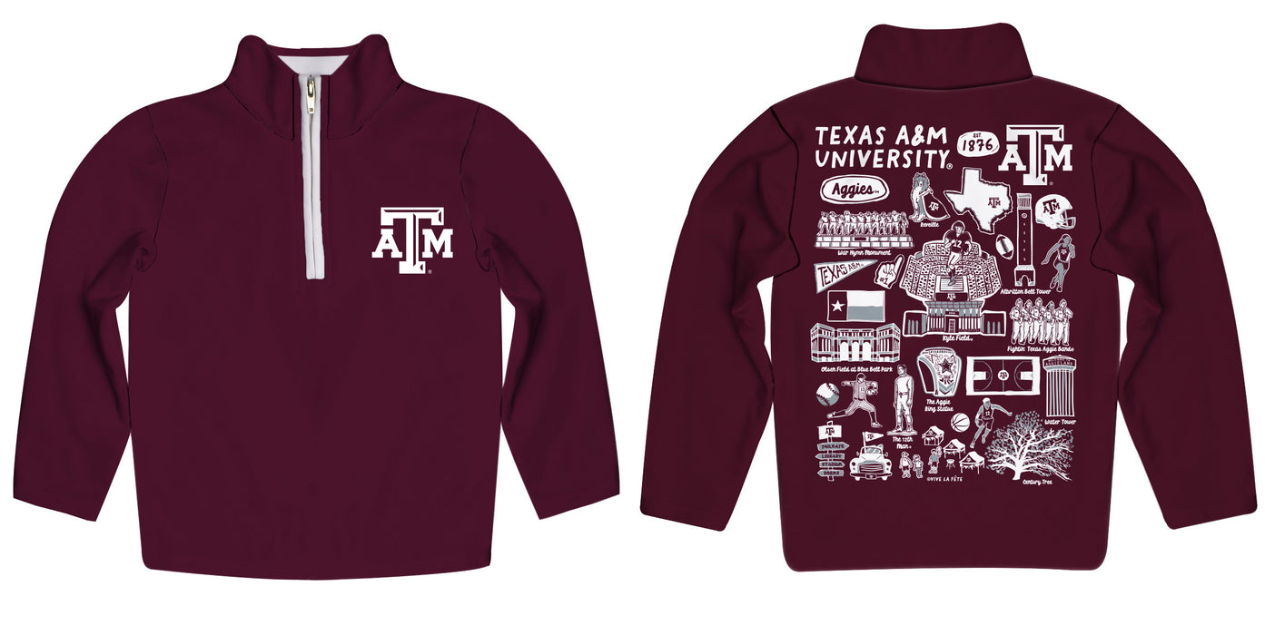 Texas A&M Aggies Hand Sketched Vive La Fete Impressions Artwork Aggie Maroon Boys Quarter Zip Pullover V1