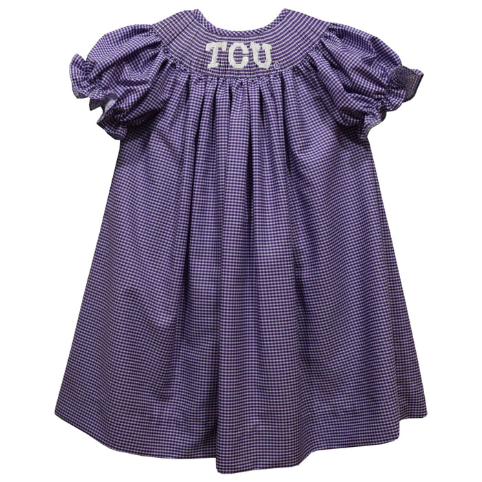 TCU Smocked Purple Gingham Short Sleeve Bishop