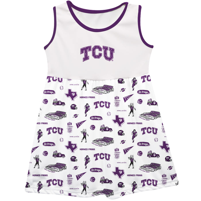 TCU Horned Frogs Sleeveless Tank Dress Girls White Repeat Print Hand Sketched Vive La Fete Impressions