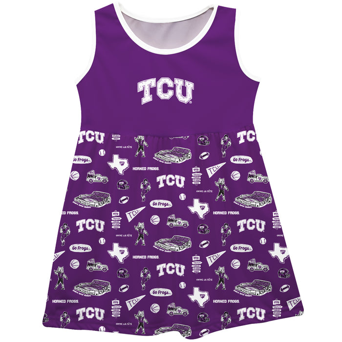 TCU Horned Frogs Sleeveless Tank Dress Girls Purple Repeat Print Hand Sketched Vive La Fete Impressions