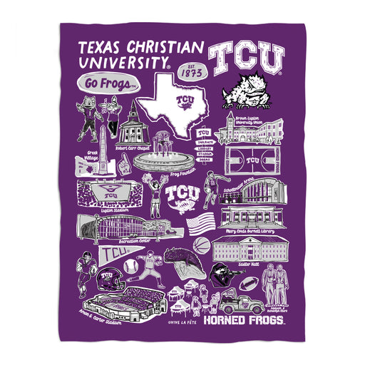 TCU Horned Frogs Purple Hand Sketched Vive La Fete Impressions Artwork Plush Soft Minky Blanket 36 x 48