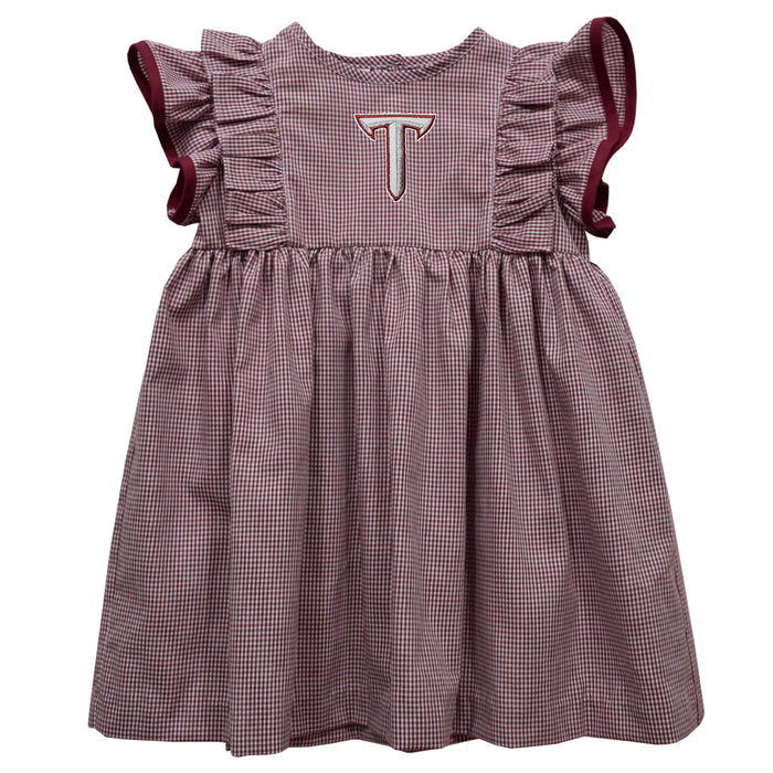 Troy Trojans Embroidered Maroon Gingham Ruffle Dress